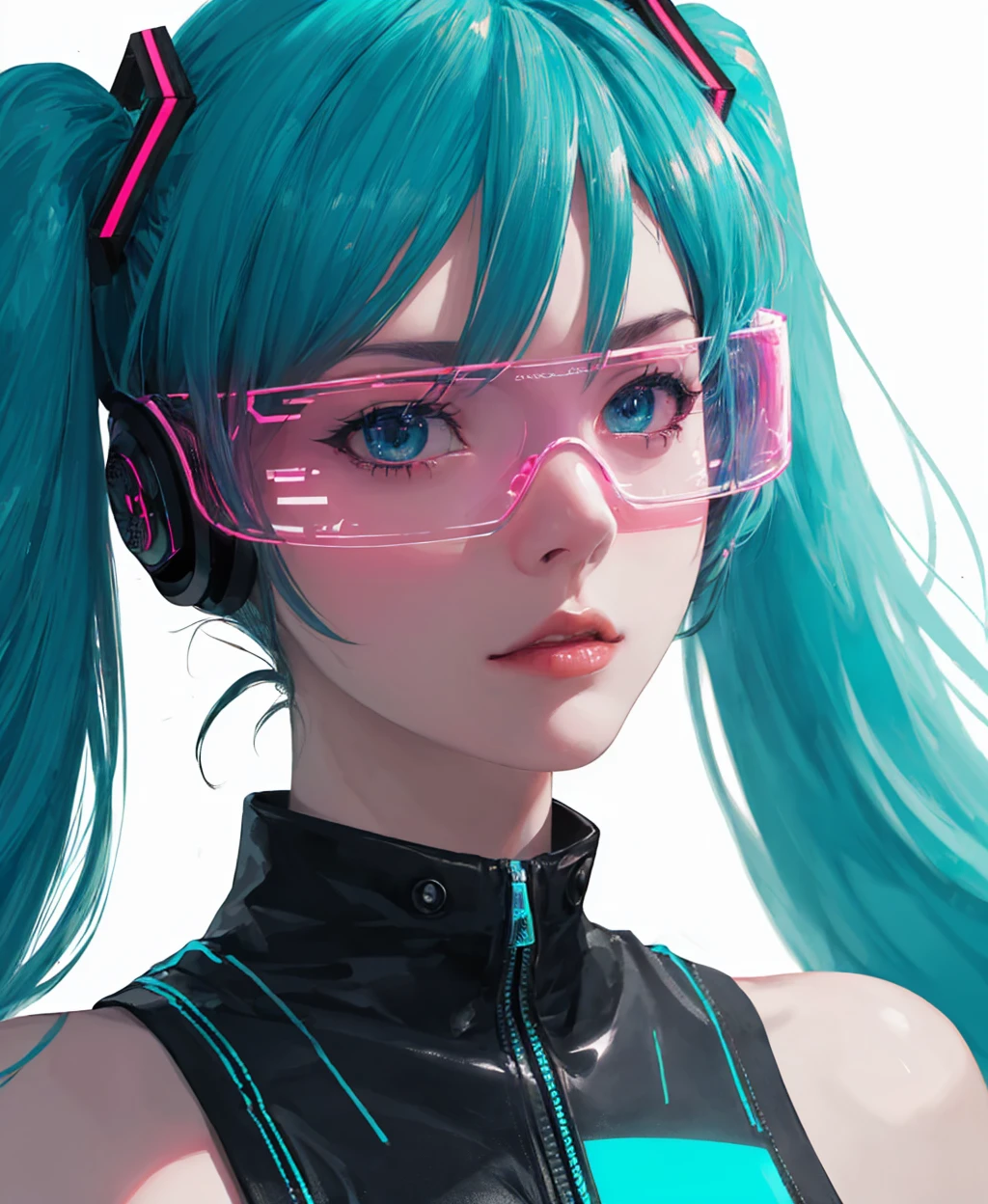 cyber glasses, glowing, hatsune miku, upper body, <lora:cyber_glasses-07:0.65>, medium intensity lighting, (scanlines:1.3), (masterpiece, best quality, absurdres, detailed, ultra-detailed:1.3), (photorealistic:1.3)