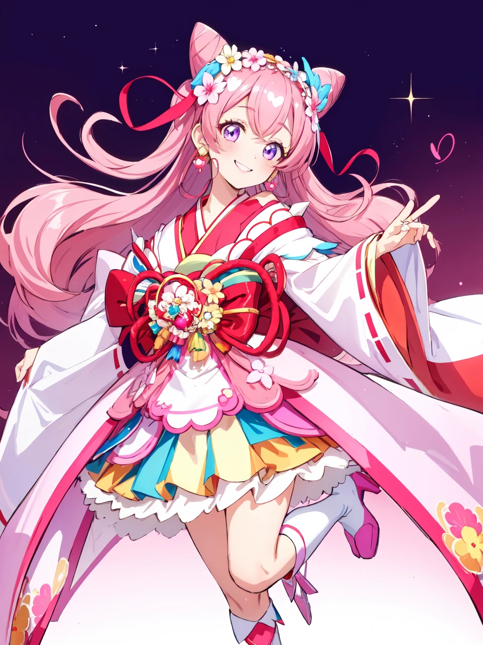 masterpiece, best quality, looking at viewer, depth of field, full body,
1girl, <lora:locon_cure_precious_02-000028:0.9>, cure precious, two side up, cone hair bun, large hair ribbon, heart brooch, waist apron, white boots, earrings, hair flower, 
kimono, pink japanese clothes, 
smile, (gradient background), lens flare,