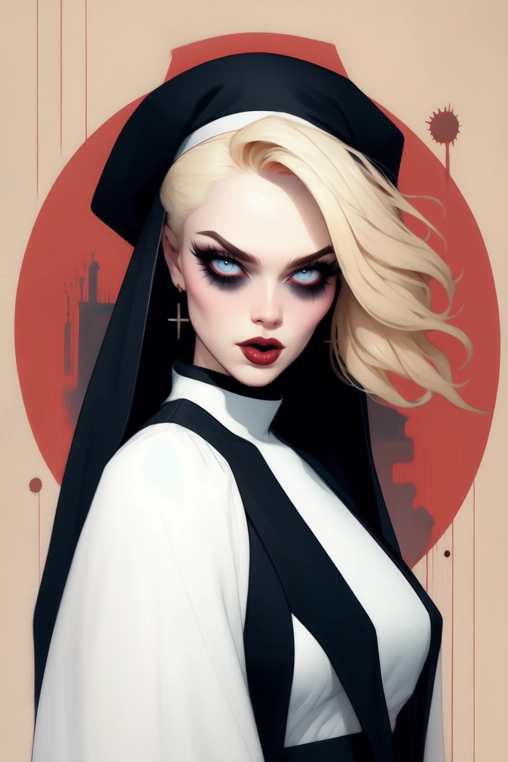 blond woman with black hat and white dress making face with tongue, disco elysium art, ( ( ( horror art ) ) ), attractive character, plague and fever. full body, old skin, southern gothic art, izombie, open wide eyes, nun, newsboy cap, photorealiste, sfw version, discord profile picture, transformation portrait, dirty skin, speedpainting <lora:LFI (luxury fashion illustration) :1>