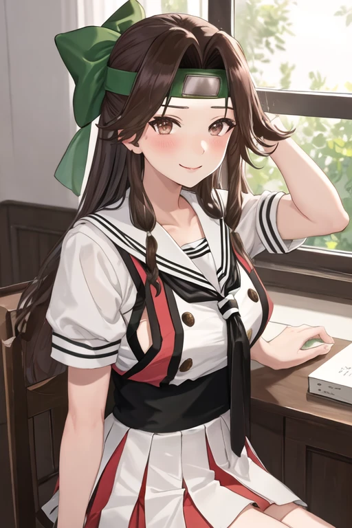 best quality, masterpiece, highres, solo, {jintsuu_kantaicollection:1.15}, long_hair, brown_hair, brown_eyes, hair_intakes, half_updo, headband, serafuku, 1girl, forehead_protector, school_uniform, smile