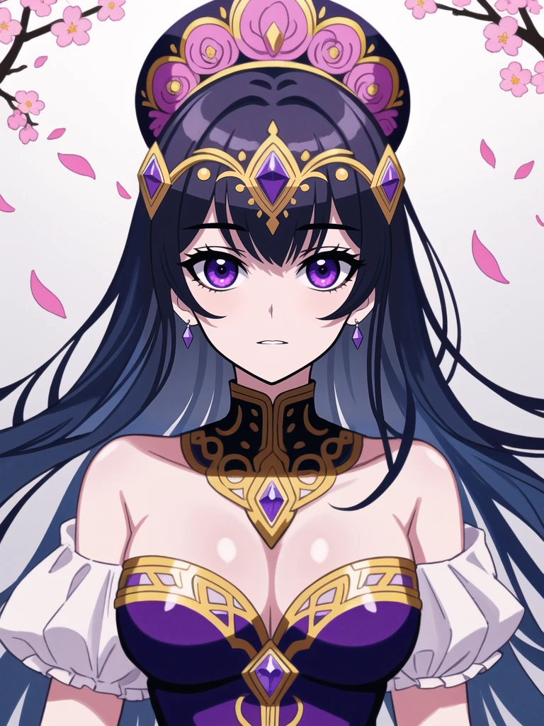 A mesmerizing digital portrait of a charismatic woman with piercing violet eyes, adorned in an ornate headdress, surrounded by vibrant blossoms and delicate feathers