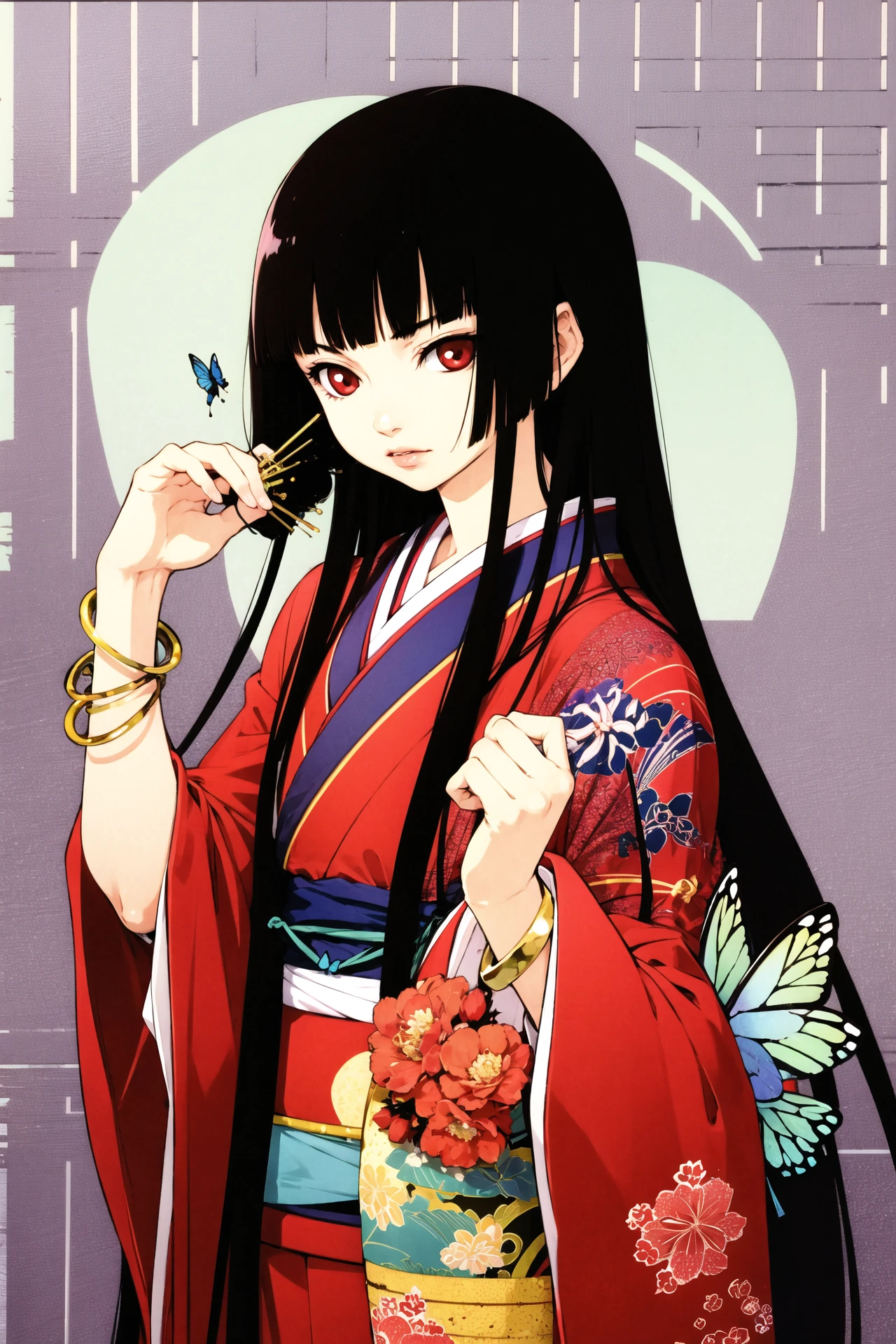 Enma Ai, 1girl, solo, japanese clothes, long hair, butterfly, bug, black hair, kimono, hime cut, bangs, bracelet, blunt bangs, jewelry, black kimono, red eyes,<lora:å°ç±å°å¥³:0.5>,<lora:Takeshi Kazaki:0.8>