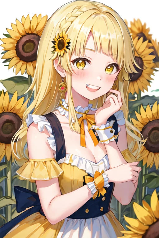 best quality, masterpiece, highres, solo, {tsurumaki_kokoro_bangdream:1.15}, blonde_hair, bangs, long_hair, yellow_eyes, smile, blush, open_mouth, :d, 1girl, flower, hair_flower, hair_ornament, jewelry, looking_at_viewer, ribbon, sunflower, yellow_flower, earrings, frills, choker, upper_body, braid, dress, hair_ribbon, yellow_dress, wrist_cuffs, blue_flower, frilled_dress, white_background, grin, neck_ribbon, orange_flower, orange_ribbon, red_ribbon, striped_ribbon
