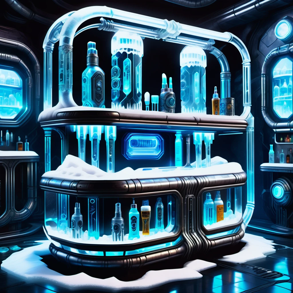 hyper detailed masterpiece, dynamic realistic digital art, awesome quality,DonMFr0stP4nkXL underground cyberpunk bar, nightstand,toothbrush and toothpaste, serpentine stone, led bulbs, downlighting, spacepunk,snow, ice <lora:DonMFr0stP4nkXL-000006:1>