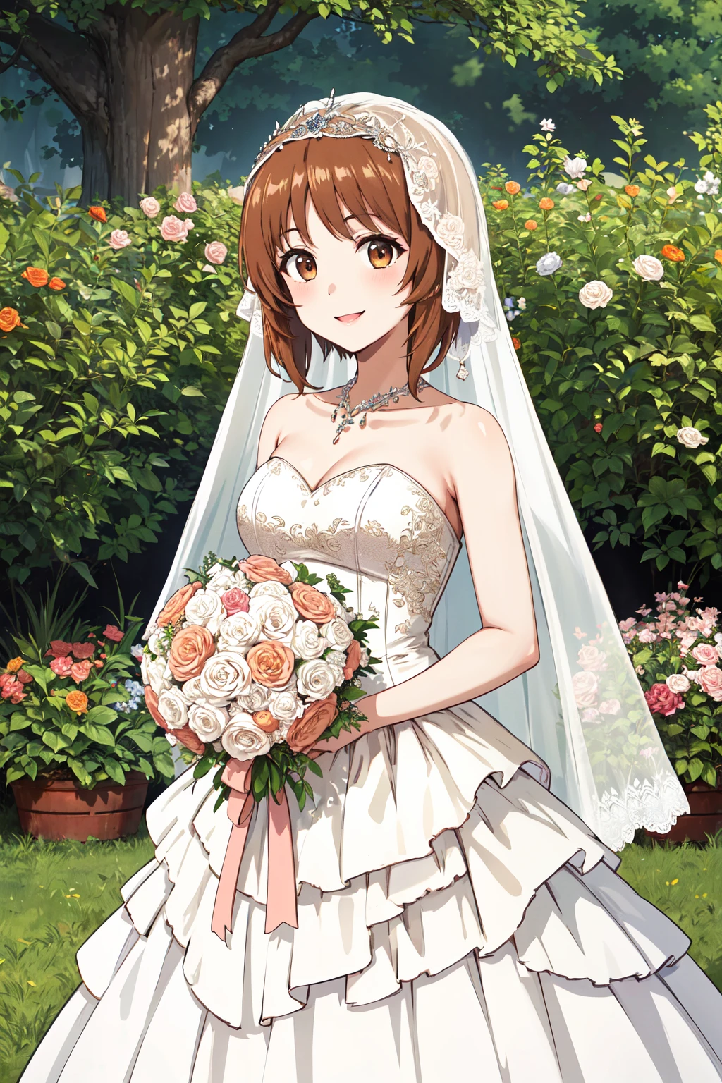 masterpiece,best quality,highres,ultra-detailed,aamiho,1girl,brown eyes,brown hair,orange hair,short hair,<lora:nishizumi_miho:0.8>,(wedding dress:1.2),white dress,(veil:1.2),garden,smile,outdoors,standing,cowboy shot,holding bouquet,
