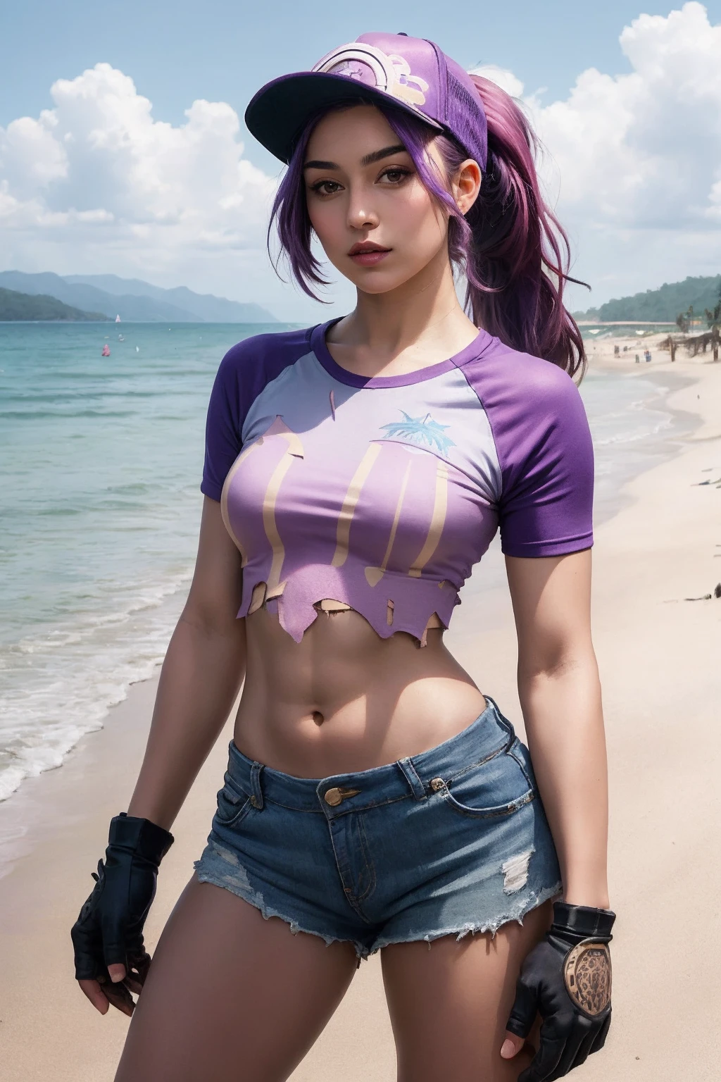 (masterpiece), (extremely intricate:1.3), (realistic), portrait of a girl, <lora:BeachBomber:1>, BeachBomber, standing, purple hair, ponytail, baseball cap, crop top, midriff, navel, short shorts, torn clothes, fingerless gloves, on a beach