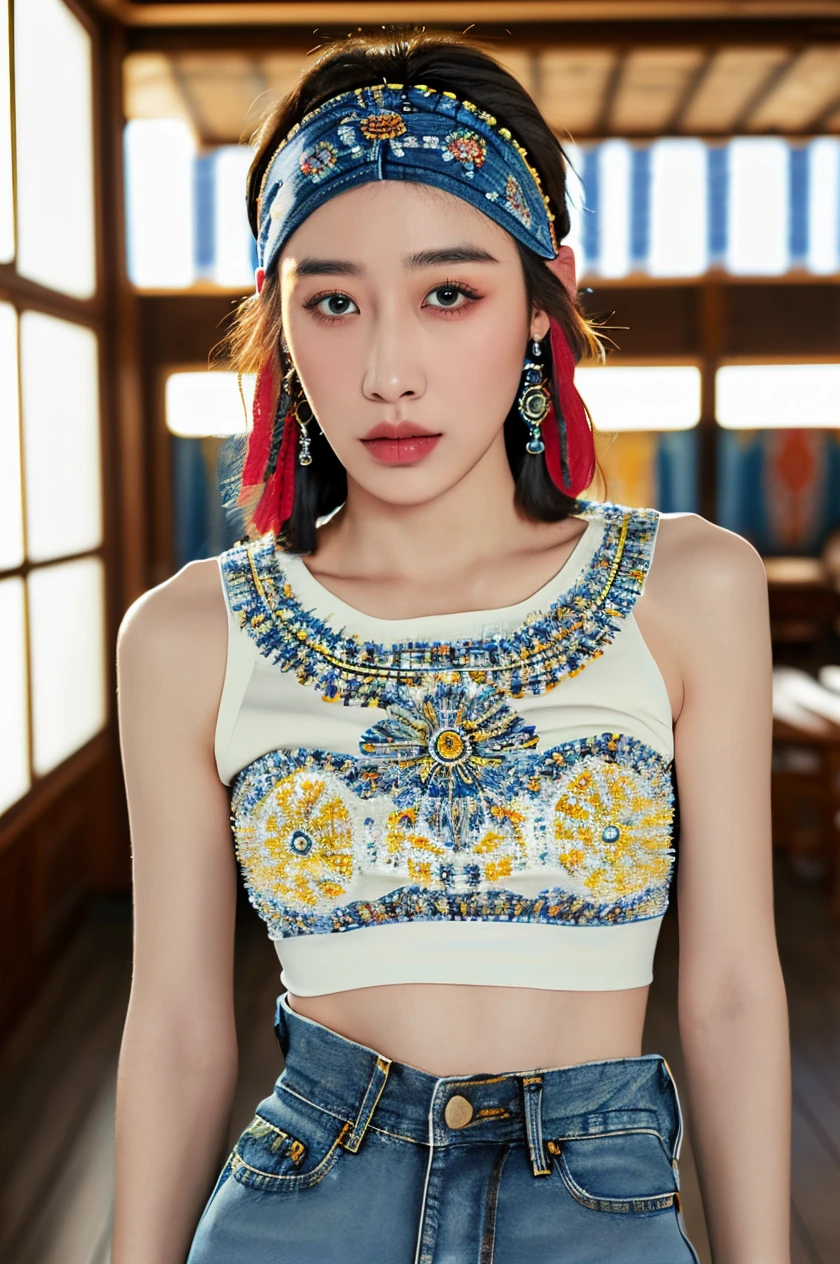 (masterpiece,best quality,ultra high res:1.1),(photo-realistic:1.1),(beautiful face,exquisite face,skin texture:1.1),
1girl,22yo,front light,cowboy_shot,short_hair,
<lora:suxi_sd15_1_:1>,suxi,sweat,(Bohemian_printed_top:1.5),(Denim_shorts:1.4),(Beaded_headband:1.3),