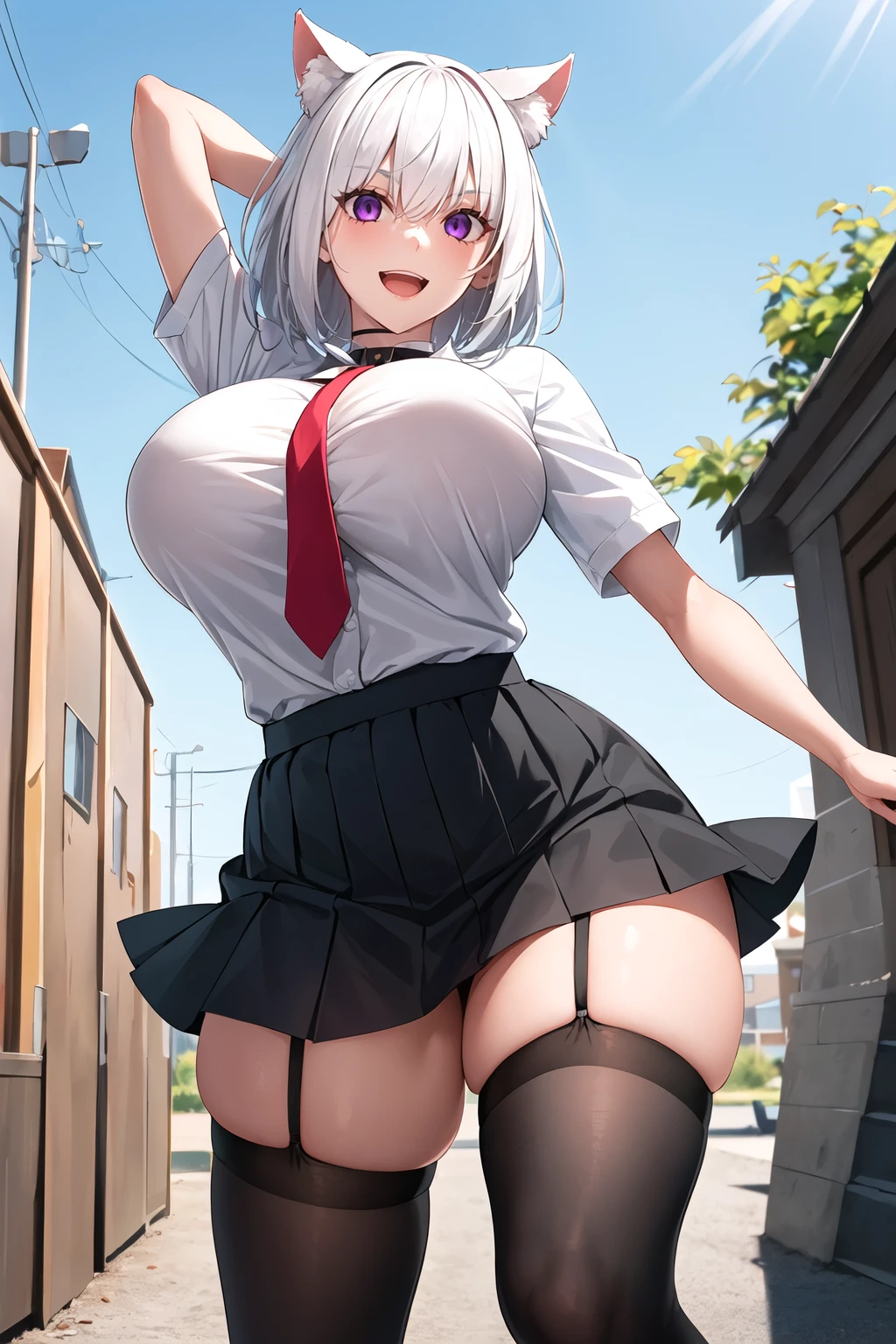 1girl,(solo),gigantic breasts, wide hips, thick thigs,dynamic pose, school uniform, black skirt, white shirt, red necktie, thighhighs, black choker, smile, :d, white hair, purple eyes, cat ears, short hair, extremely detailed eyes, (huge breasts:1.2) <lora:Koyama-Style_105362:1>