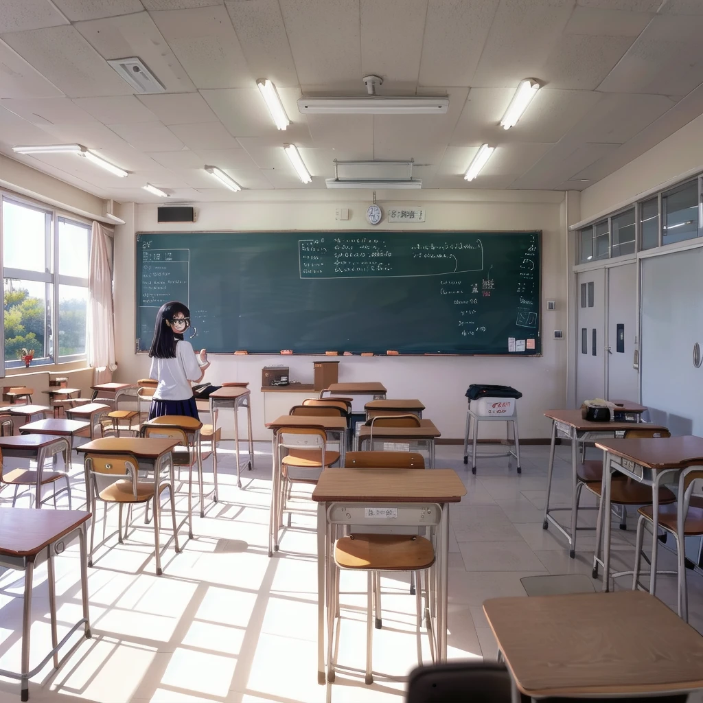 best quality, ultra-detailed, illustration,
kyoshitsu, classroom, scenery, chalkboard, window, school, indoors, clock, sunlight, school desk, bulletin board, shade, curtains, school chair, ceiling light, shadow, artist name, book, ceiling, day, paper, from behind
,1girl, glasses, black hair, long hair, black eyes, school uniform, blush, looking at viewer, standing,
<lora:kyoshitsu_SD15_V3:0.8>