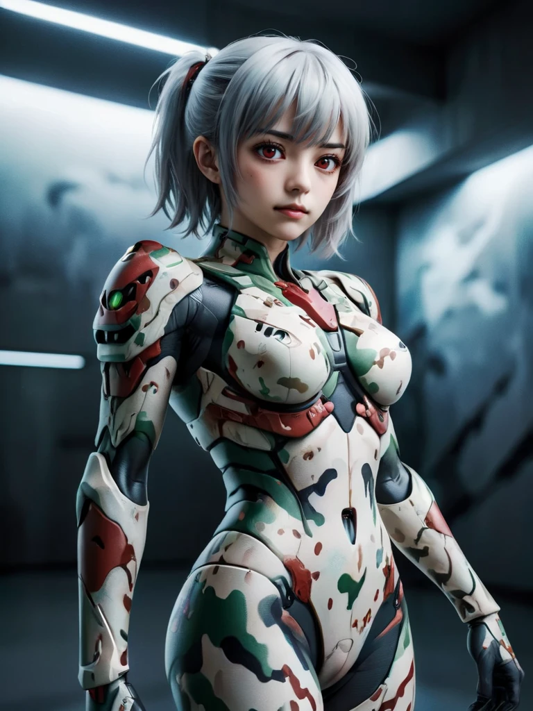 (best quality, masterpiece, colorful, dynamic angle, highest detailed)(\Rei Ayanami\), upper body photo, fashion photography of cute girl (\Rei Ayanami\), red eyes, dressing high detailed Evangelion white suit (high resolution textures), in dynamic pose, bokeh, (intricate details, hyperdetailed:1.15), detailed, moonlight passing through hair, (fantasy background, official art, extreme detailed, highest detailed), ral-camo <lora:ral-camo-sdxl:1>