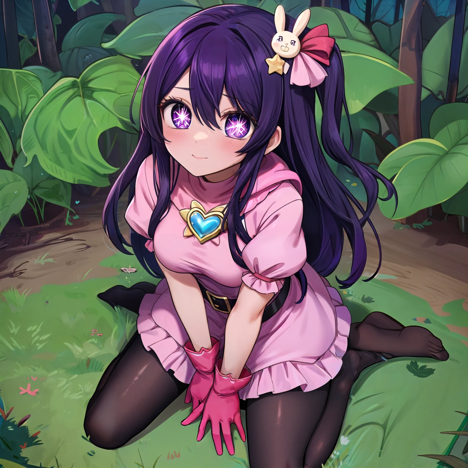 (Enchanted Forest:1.3), beautiful woman , medium breasts , black pantyhose, kneeling, full body, from above, solo, <lora:139480_ai_hoshino_oshi_no_ko:0.8> ai hoshino oshi no ko, ai hoshino, hair between eyes, hair ornament, hair ribbon, long hair, one side up, (purple eyes:1.1), purple hair, rabbit hair ornament, (star-shaped pupils:1.5), (symbol-shaped pupils:1.5), belt, black belt, brooch, dress, pink dress, frilled dress, frilled gloves, frills, gloves, heart brooch, idol, idol clothes, jewelry, pink gloves, red ribbon, ribbon