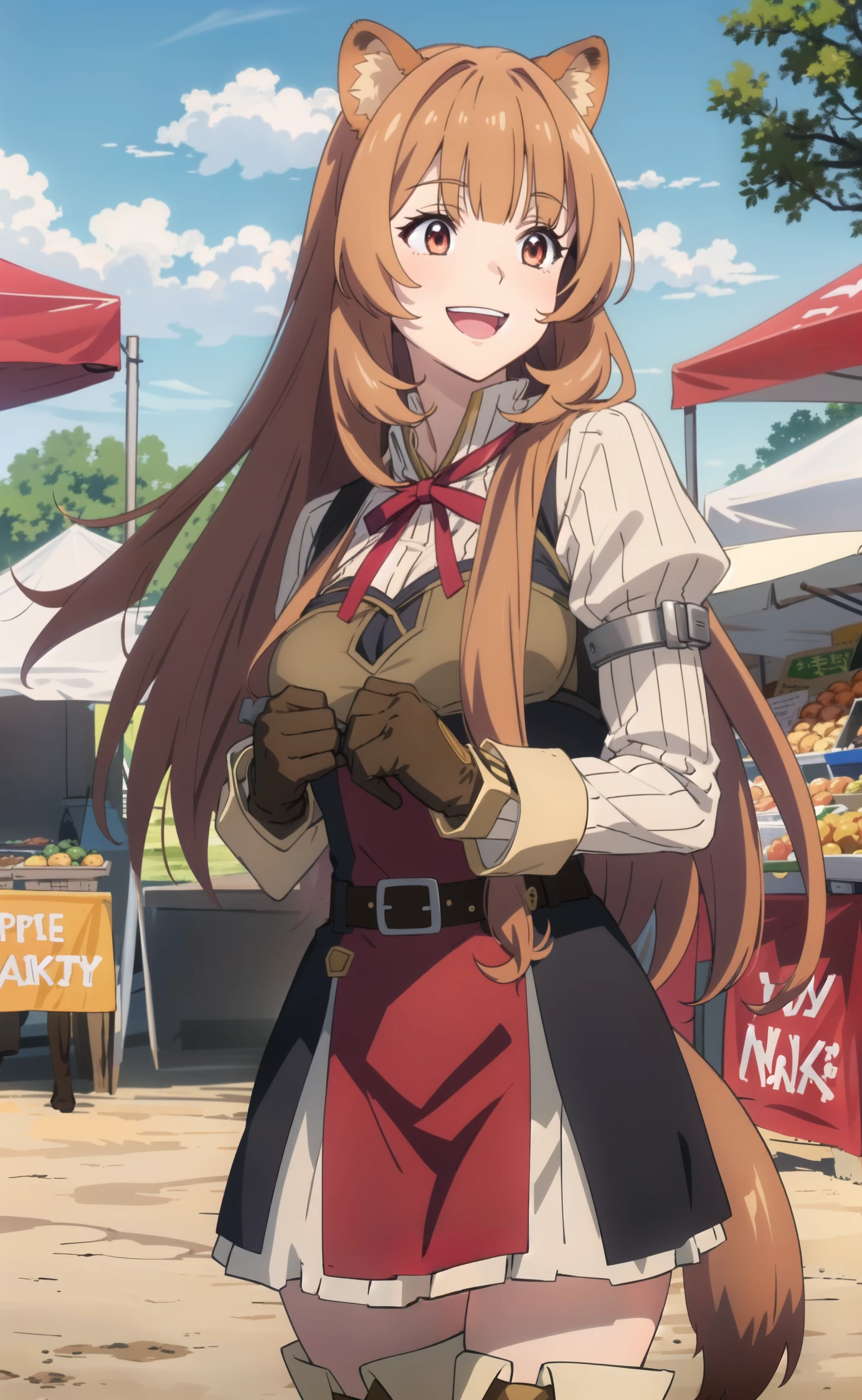 arm between breasts, hand on own chest,
, , <lora:Raphtalia:0.6:lbw=NIN> pikkyraphtalia, 1girl, solo, long hair, brown hair, raccoon girl, raccoon ears, animal ears, bangs, ribbon, long sleeves, red ribbon, neck ribbon, very long hair, raccoon tail, gloves, blunt bangs, tail, belt, thigh boots, breasts,
outdoors, (day,market stall, market, medival:1.1)
(happy smile:1.4), open mouth, upper teeth,