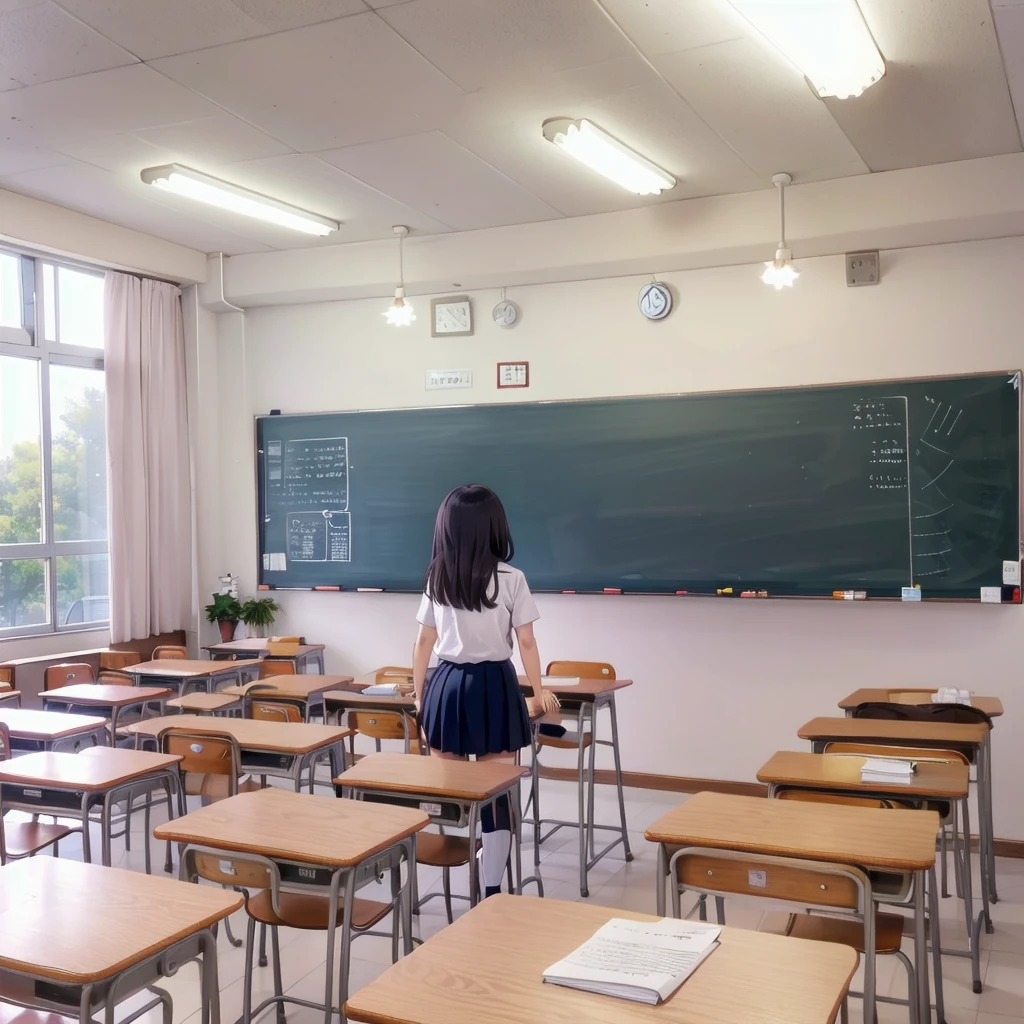 best quality, ultra-detailed, illustration,
kyoshitsu, classroom, scenery, chalkboard, window, school, indoors, clock, sunlight, school desk, bulletin board, shade, curtains, school chair, ceiling light, shadow, artist name, book, ceiling, day, paper, from behind
,1girl, glasses, black hair, long hair, black eyes, school uniform, blush, looking at viewer, standing,
<lora:kyoshitsu_SD15_V3:0.8>