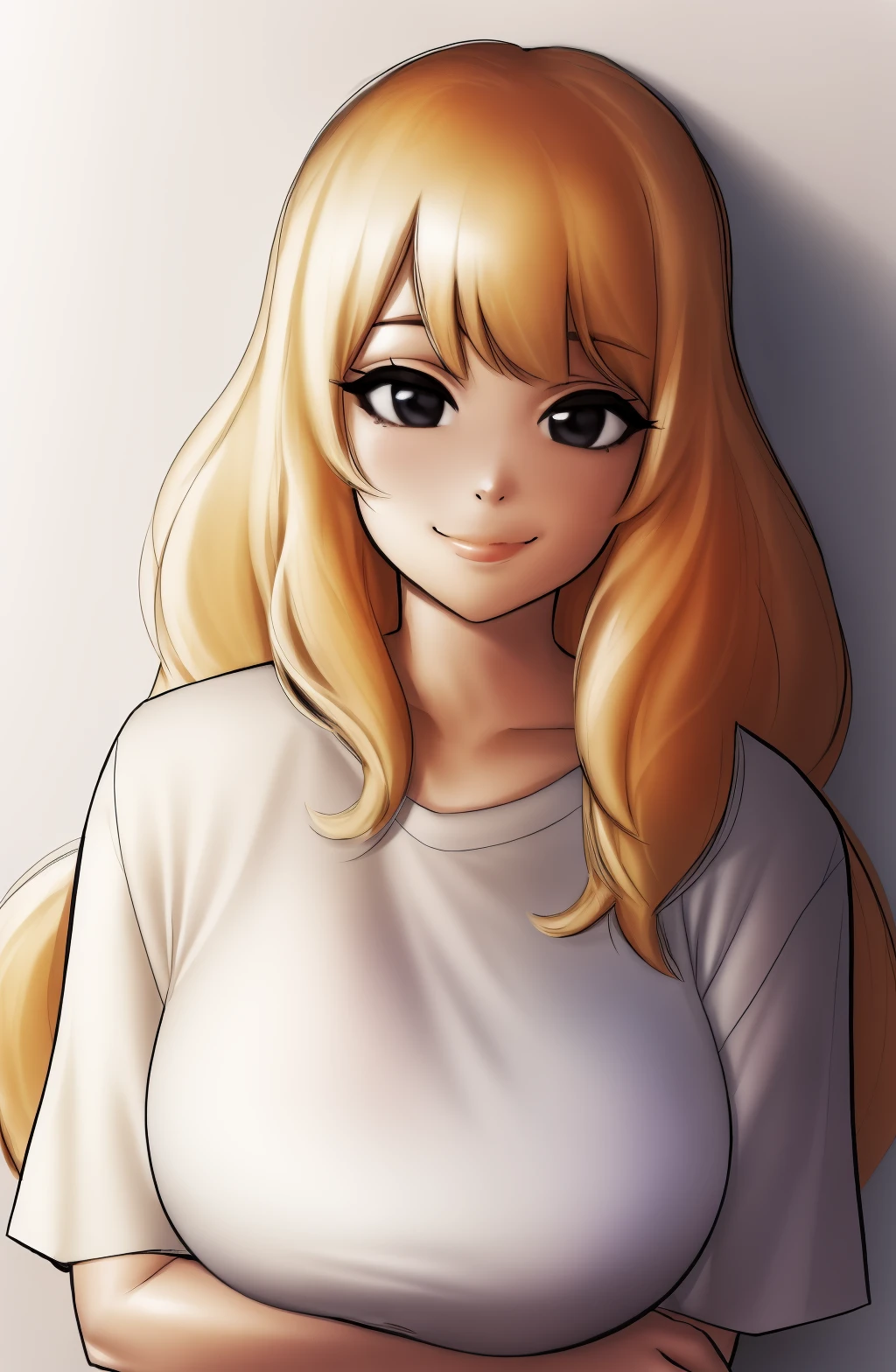 masterpiece, 1girl, ((portrait shot)), detailed black eyes, smile, nose,blonde hair, eyeliner, huge sagging breasts, closed mouth, looking at viewer, long hair, t-shirt , background: leaning against a wall, solo, upper body,<lora:ph-Style:1>