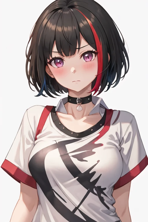 best quality, masterpiece, highres, solo, {mitake_ran_bangdream:1.15}, black_hair, red_hair, multicolored_hair, streaked_hair, short_hair, bangs, blush, bob_cut, purple_eyes, breasts, collarbone, red_eyes, 1girl, looking_at_viewer, shirt, closed_mouth, white_shirt, upper_body, medium_breasts, simple_background, collared_shirt, white_background, black_shirt, short_sleeves