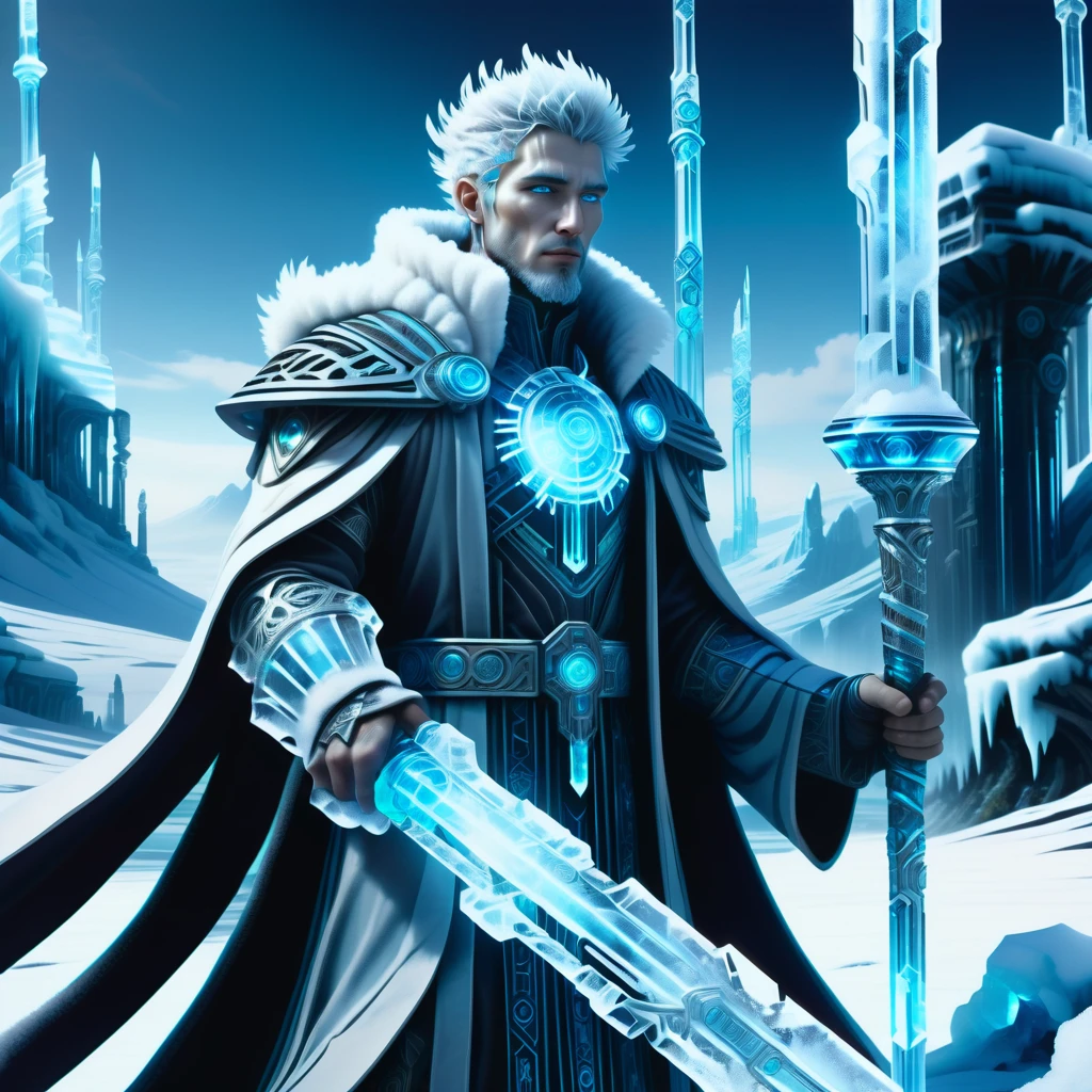hyper detailed masterpiece, dynamic realistic digital art, awesome quality,DonMFr0stP4nkXL male azi-3, ascetic,, druidic staff,snow, ice <lora:DonMFr0stP4nkXL-000006:1>
