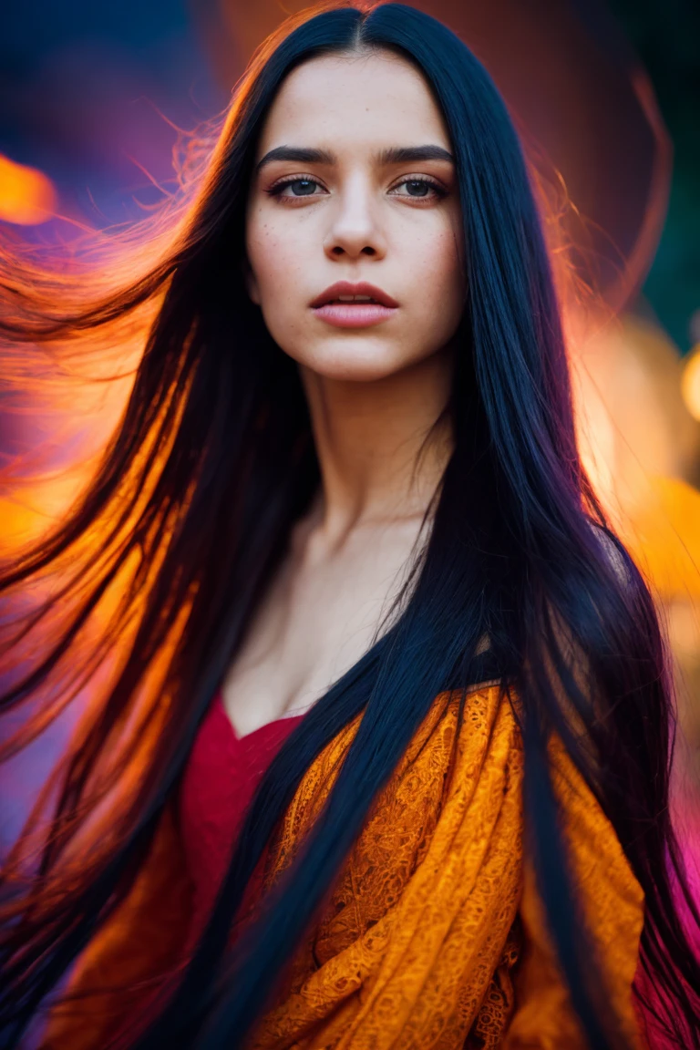 Film still, cinematic, fashion editorial portrait of a woman, full body, long straight hair, motion blur, slow shutter speed, bokeh, shot on film, sharp focus, shot on canon, vibrant tones, colorful, detailed skin texture, detailed eyes, explosive color,