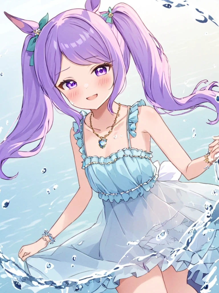 <lora:ç®ç½éº¦æ:1>,1girl, animal_ears, mejiro_mcqueen_\(umamusume\), horse_ears, purple_hair, solo, long_hair, purple_eyes, horse_girl, official_alternate_costume, twintails, dress, low_twintails, smile, looking_at_viewer, jewelry, blush, necklace, sleeveless_dress, small_breasts, breasts, sleeveless, water, horse_tail