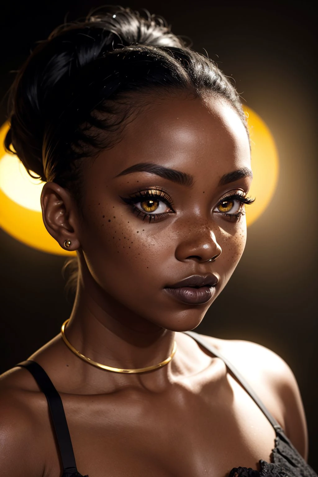 an eye contact of a Ugandan woman, (black skin:1.3), yellow spotlight, dark theme, lonely, Lavish, Matte black eyeshadow with a cut crease, metallic lipstick, golden ratio, Almond-shaped eyes, Freckles, indietronica, soft lighting, bokeh