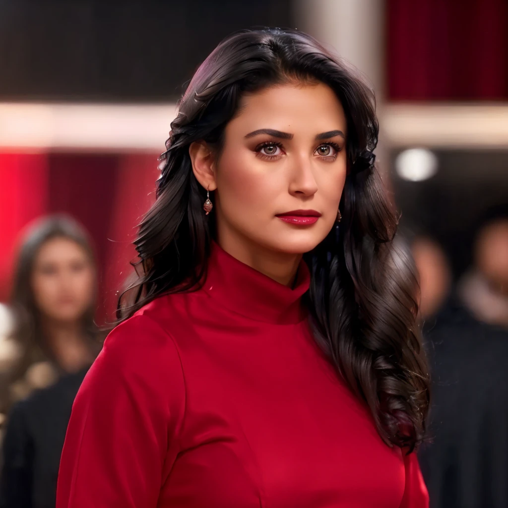 ((full body, a woman wearing a red dress at a ball)), beautiful eyes, beautiful girl, high detail skin, high detail eyes, high detail hai <lora:DemiMooreYoungv2Lora:0.9> 1woman, realistic, black hair, brown eyes, nose, closed mouth, long hair, grey pullover, moody lights