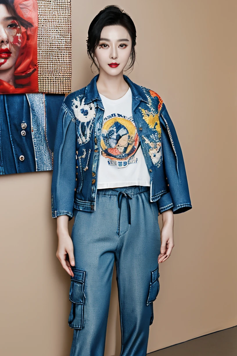(masterpiece,best quality,ultra high res:1.1),(photo-realistic:1.1),(beautiful face,exquisite face,skin texture:1),
wet skins,(Denim_jacket_with_patched_artwork:1.5),(Graphic_tee:1.4),(Cargo_pants:1.3),
1girl is chinese actress fan bingbing,<lora:fbb_sd15_2_-000005:1>,fbb,red_lips,22yo,front light,doctor,