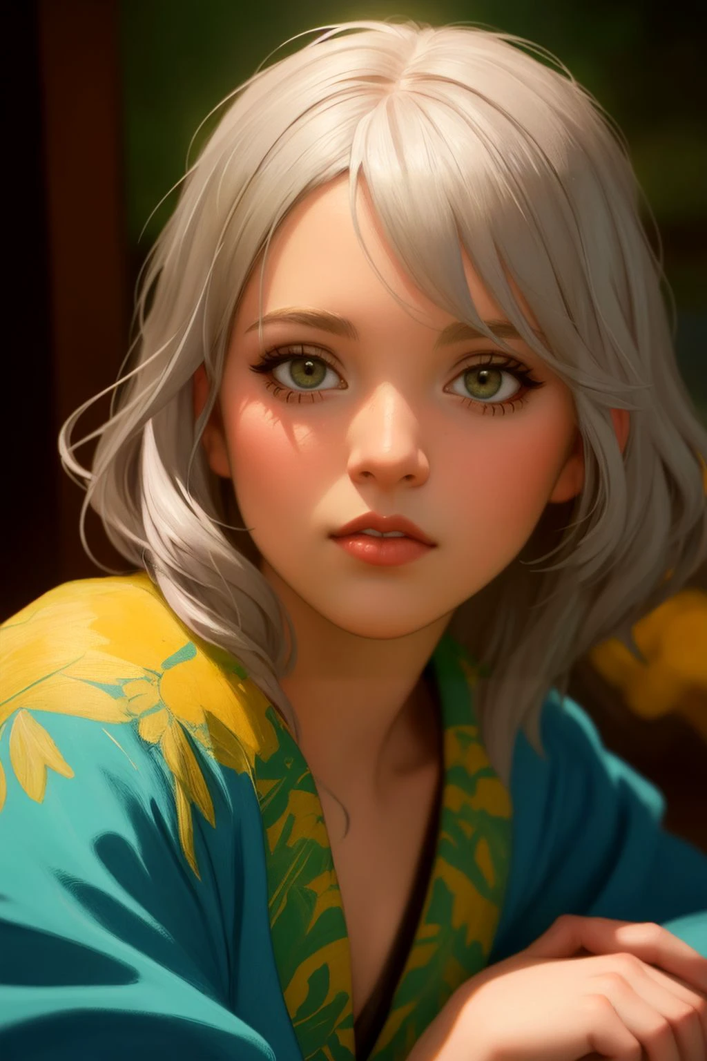 1girl, full body, beautiful, silver hair, red lips, scared, two little eyes, photorealistic, white skin, natural, cool color palette, refreshing, soft lighting, sharp focus, digital art, art by Ilya Kuvshinov and Studio Ghibli, extreme detail, detailed drawing, realistic, trending on artstation, 4k, hd, fantasy, realistic, by Albert Bierstadt, Frederic Edwin Church, II, Frederic Leighton, gaston bussiere, craig mullins