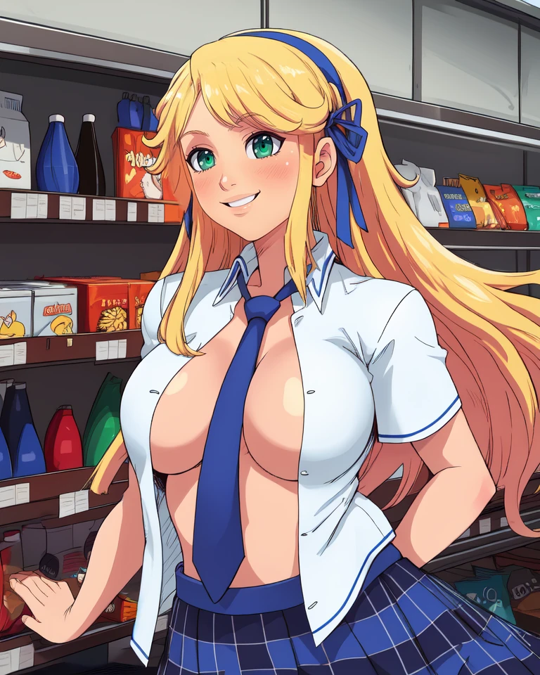 Katsuragi,long blonde hair,blue-green eyes,smile,
standing. upper body,
blue plaid skirt,blue necktie between breasts,no bra,white open shirt,hair ribbons,hairband,
town,store,
(insanely detailed, beautiful detailed face, masterpiece, best quality),<lora:Katsuragi-10SK:0.8>,