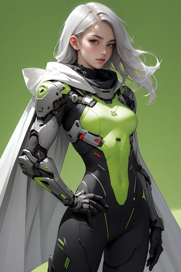 absurdres,1girl BREAK android,(grey cybersuit),(black upper armor),mechanical arms,machinery,prosthesis,solo,silver hair,long hair,cloak BREAK looking at viewer,hand on hip,contrapposto,(green background:1.2) ,<lora:nijiarmor_v2:0.8>,<lora:GoodHands-beta2:1>,