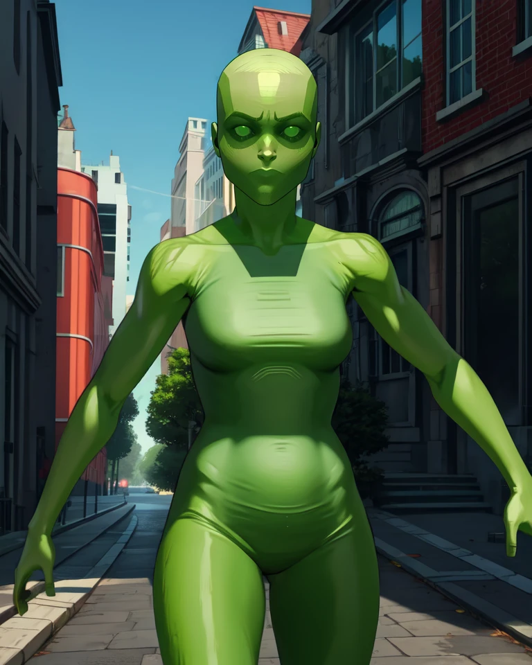 grnghst,green bodysuit,green skin,glowing eyes,covered nipples,cameltoe,
standing,motion lines,hips,skin skin tight,from below,sagging breasts,large breasts,
outside,streets,dusk,phasing.,
(insanely detailed,masterpiece, best quality),<lora:greenghost:0.9>,