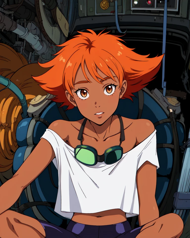 Edward,midriff,orange hair,white shirt,off shoulder,collarbone,dark skin,
bike shorts,goggles, brown eyes,
space station,engine room,
upper body,sitting,
(insanely detailed, beautiful detailed face, masterpiece, best quality),<lora:EDWARDCBBB-10:0.8>,