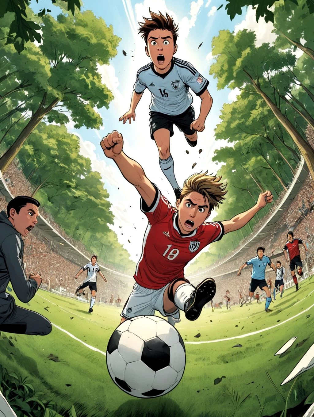 graphic novels style, soccer action, great composition, movie poster, movie poster, wide angle, go pro, absurd angle, 8K, mad movie still frame, epic nature theme, close-up
