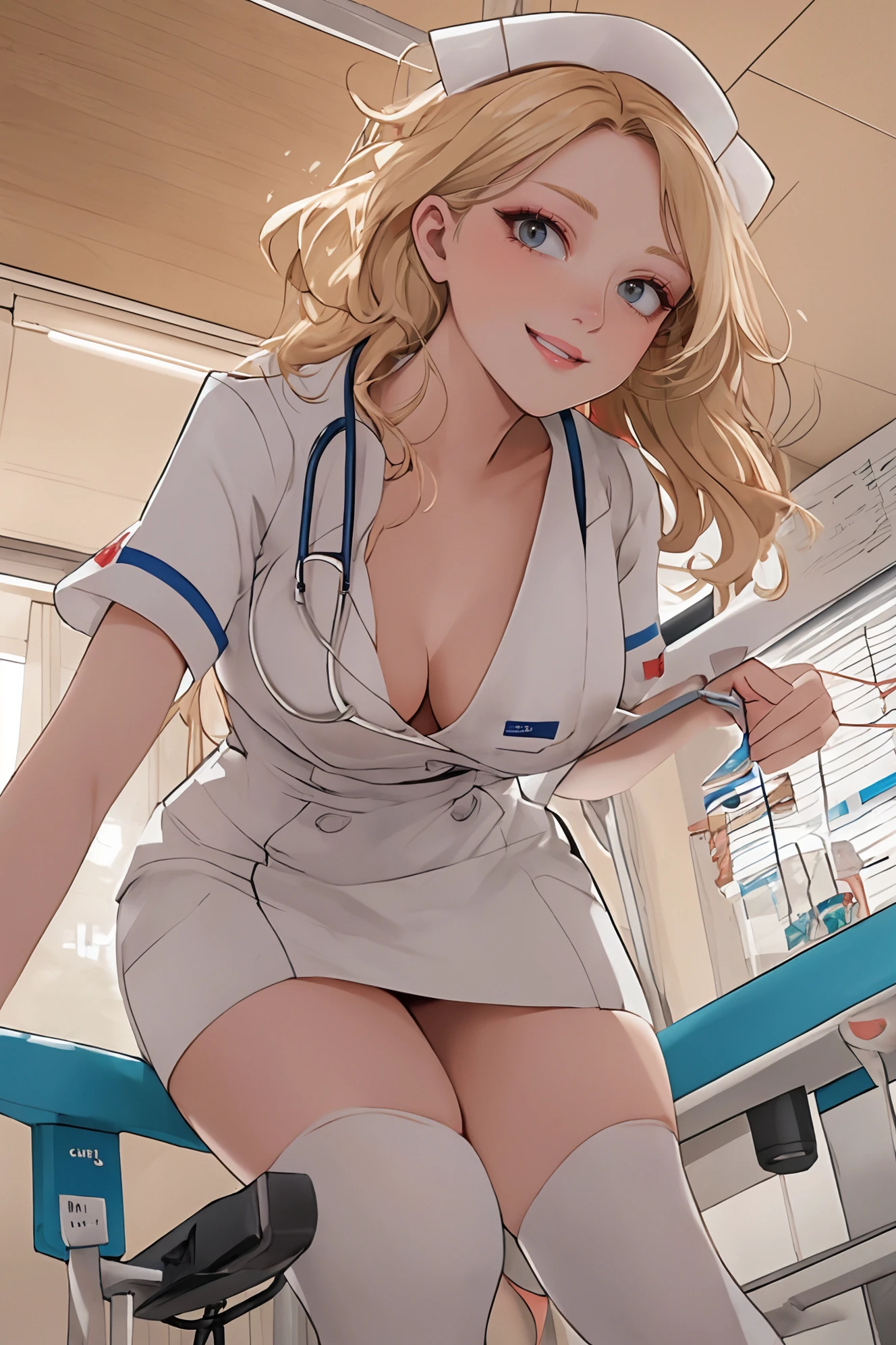 one pretty girl, milf, erotic, (nurse), blonde hair, (wavy hair), evil grin, curvy,
nurse cap, nurse uniform, open clothes, skirt, white thighhighs, (leaning forward:1.2), looking at viewer, hospital, medical equipment, bokeh, film grain, (from below), epiCPhoto
