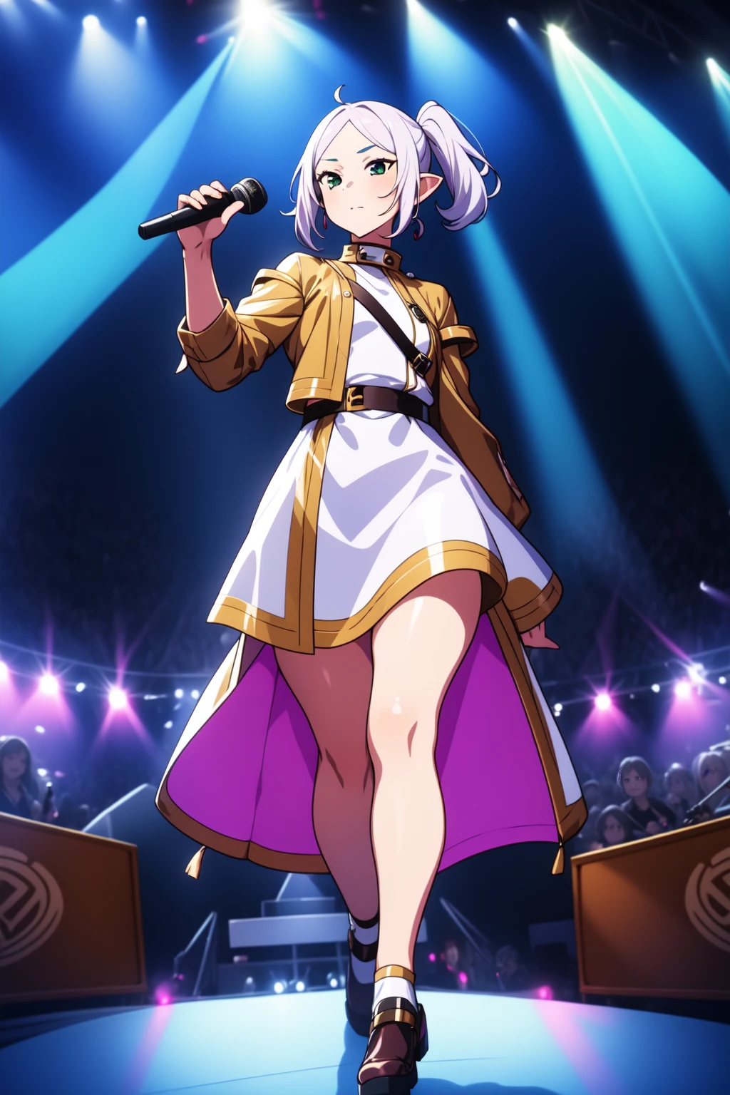 best quality,masterpiece,ffl\(frieren\),1girl,solo,white hair,fullbody,standtng,wide shot,fisheye,walking,concert,stage,