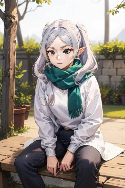 best quality,masterpiece,ffl\(frieren\),
winter,White_Long_Sleeve_Sweater,Green_Hat,Light_Blue_Scarf,Black_Skinny_Pants,