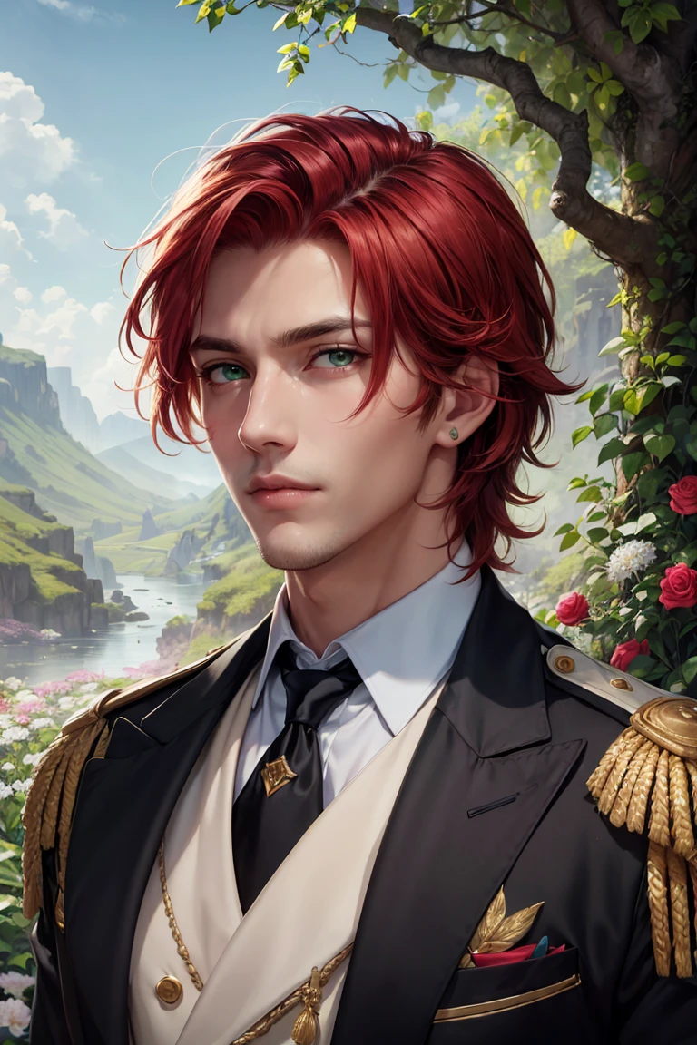 masterpiece, best quality, (absurdres, highres, ultra detailed), 1 male, adult, handsome, tall muscular guy, broad shoulders, finely detailed eyes and detailed face, red hair, green eyes, handsome, suit, fantasy, uniform, royal, Forest, flowers blooming brightly-bloomed flowers, Sunlight, Fantastic light and shadow, Scenery, portrait,<lora:more_details:0.2>,<lora:GoodHands-beta2:1>