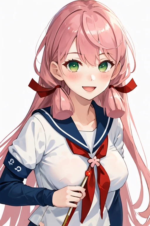 best quality, masterpiece, highres, solo, {akashi_kantaicollection:1.15}, pink_hair, long_hair, hair_ribbon, ribbon, green_eyes, tress_ribbon, blush, breasts, smile, open_mouth, large_breasts, 1girl, blue_sailor_collar, looking_at_viewer, sailor_collar, school_uniform, serafuku, simple_background, white_background, long_sleeves, upper_body, hair_between_eyes