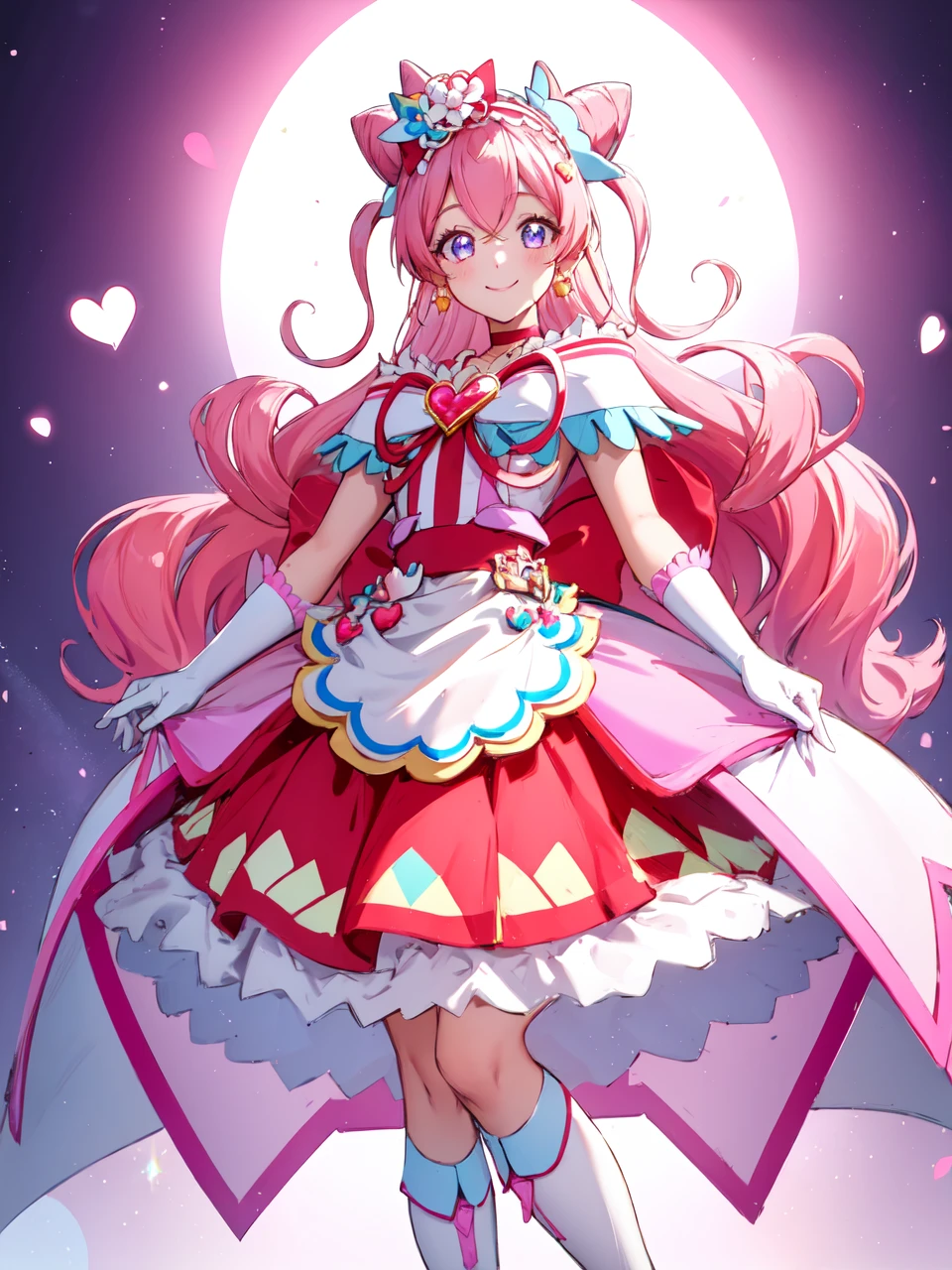 masterpiece, best quality, looking at viewer, depth of field, full body,
1girl, <lora:locon_cure_precious_03:0.85>, cure precious, two side up, cone hair bun, large hair ribbon, hairband, heart brooch, waist apron, white gloves, white boots, earrings,
smile, (gradient background), lens flare,