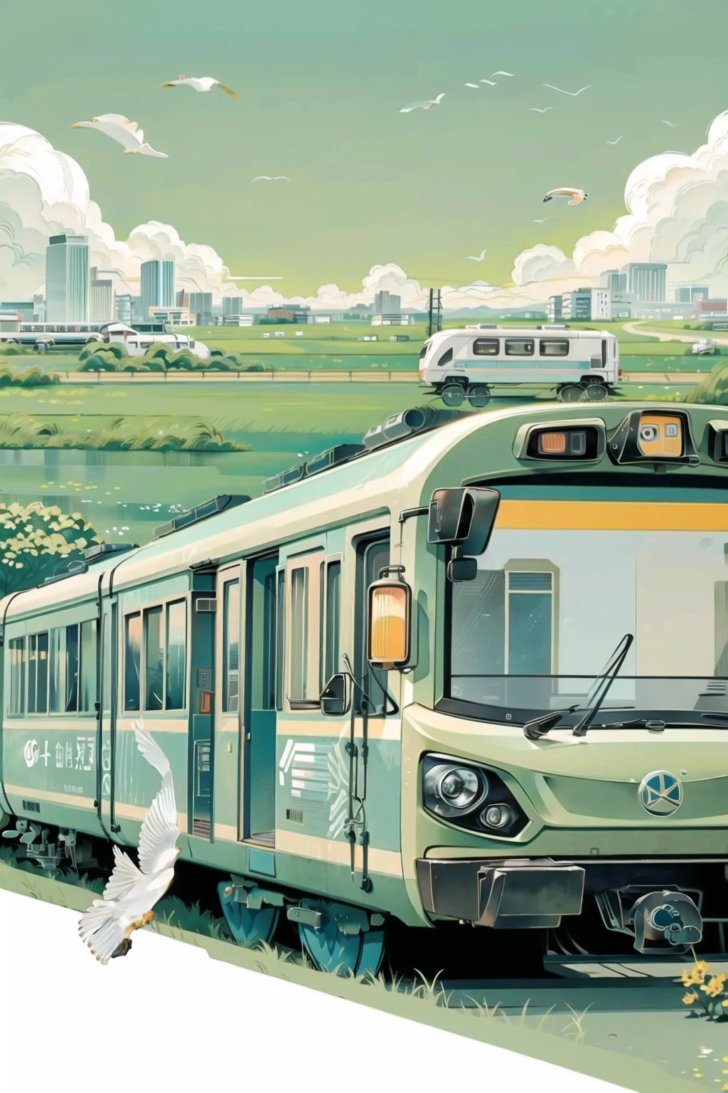 illustration, meticulous painting, fish, train, surreal, ground vehicle, building, no humans, motor vehicle
