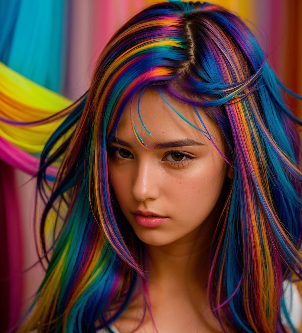 mksks style, masterpiece, best quality, 1 girl, alone, (colorful hair, abstract, with multi colored strands:1.2), looking at viewer, depth of field] in Spanish.<lora:epi_noiseoffset2:1.9>