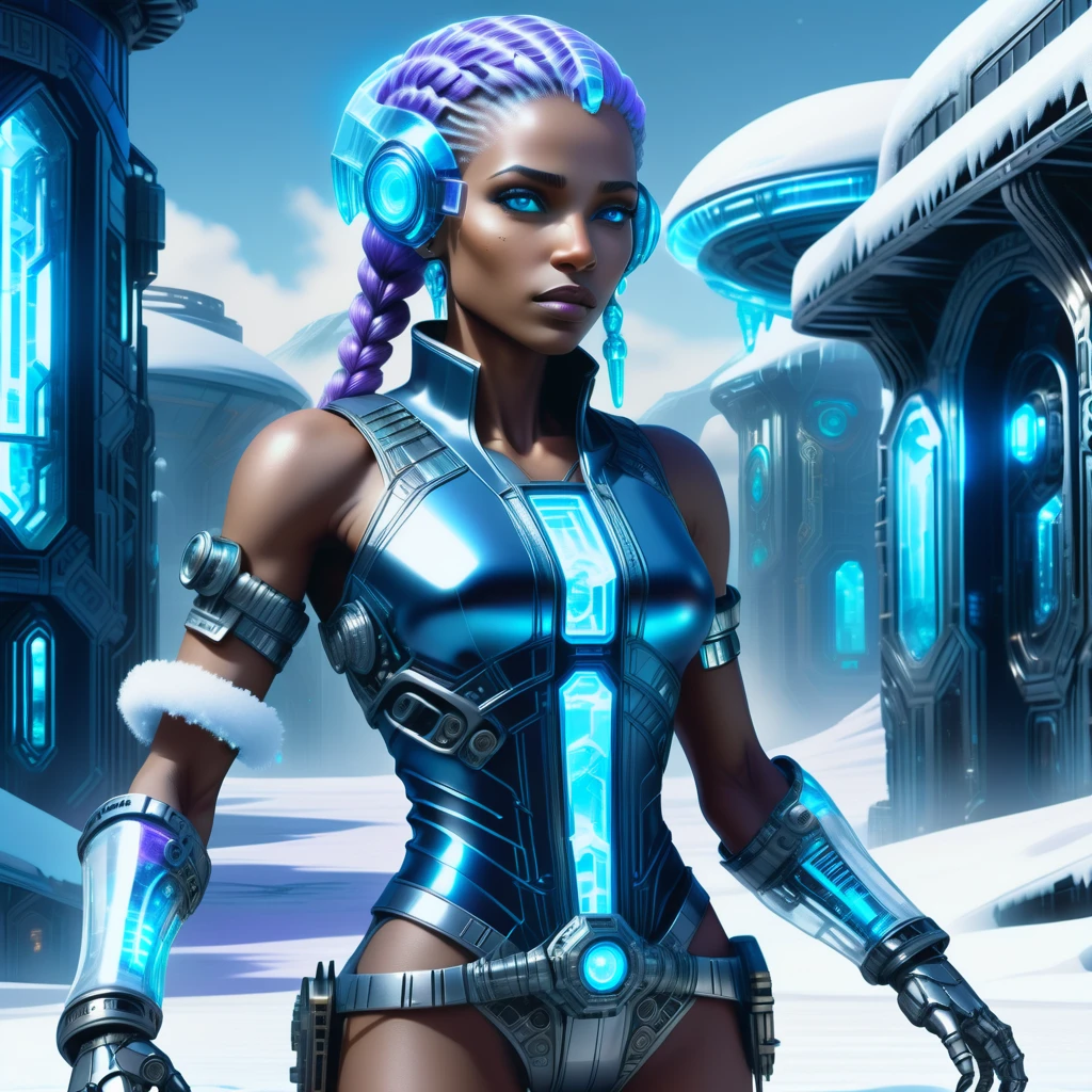 hyper detailed masterpiece, dynamic realistic digital art, awesome quality,DonMFr0stP4nkXL female detective, fifty-something, athletic, sub-saharan african, deep blue eyes, unlobed ears, short nose, wide chin, angular jaw, low cheekbones, unique forehead, athletic triceps, , lavender fishtail braid hair, astonishment, dynamic reach, character reaches out with one arm, as if reaching for something just out of grasp, wearing robo-lace pants, holo-lace capelet, quantum-vinyl mary jane pumps, ,, arms raised in victory or celebration, cyber smuggler's depot, aluminum,self-repairing nanogels for facades, starlight, security lighting, cyberpunk fantasy,snow, ice <lora:DonMFr0stP4nkXL-000006:1>