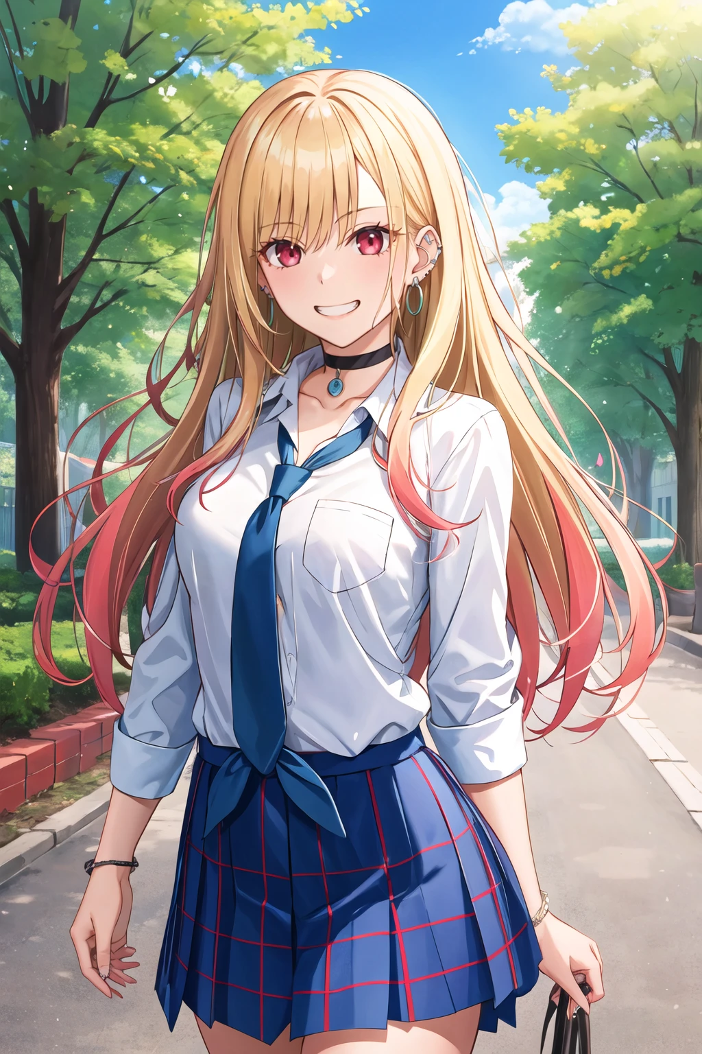 masterpiece, best quality, highres, kitagawa marin, 1girl, blonde hair, long hair, multicolored hair, red eyes, jewelry, earrings, piercing, school uniform, white shirt, tied shirt, black choker, blue necktie, plaid skirt, <lora:kitagawa_marin_v1-1:0.7>, grin, smile, standing, cowboy shot, outdoors, <lora:Nekodaruma-Style_92390:1>