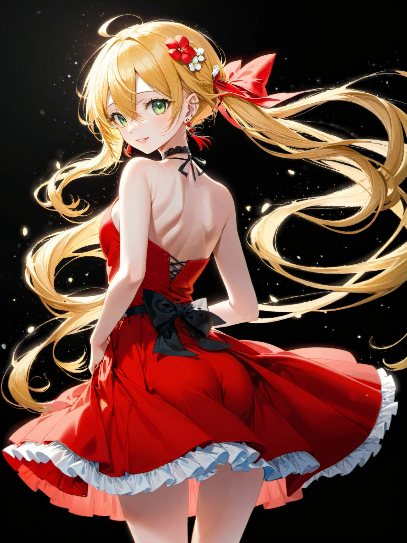 masterpiece, 1girl, solo, from behind, skirt lift, looking back, blonde hair, green eyes, bare shoulders, smile, red dress, jewelry, off-shoulder dress, earrings, looking at viewer, long twintails, ribbon, floating hair, hair between eyes, frilled dress, parted lips, hair flower, halterneck, sleeveless, choker, black background