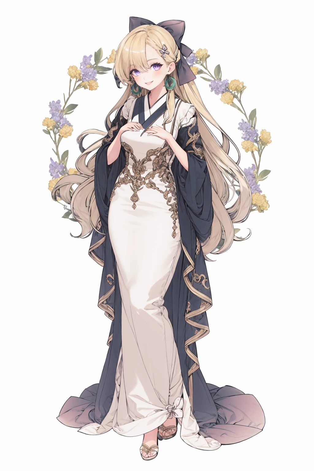 1girl, solo, blonde hair, dress, long hair, jewelry, full body, earrings, flower, purple eyes, white dress, smile, looking at viewer, white background, long sleeves, bow, standing, bangs, own hands together, hair bow, white bow
