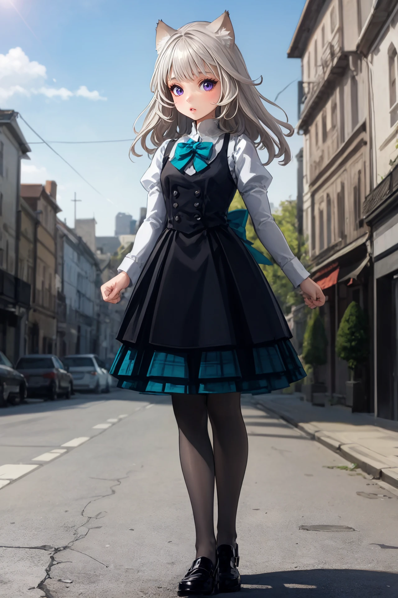 masterpiece, best quality, solo, 1girl, (full body:1.5), parted lips, (walking;1), french town, outdoors, <lora:Genshin_Little_Lynette_v03:0.7>, long hair, long sleeves, black dress, black vest, collared shirt, teal bow, cat ears, parted lips, purple eyes, cat tail, grey hair, grey pantyhose, black loafers, puffy sleeves, bowtie, plaid skirt, pleated skirt, black skirt, teal skirt,