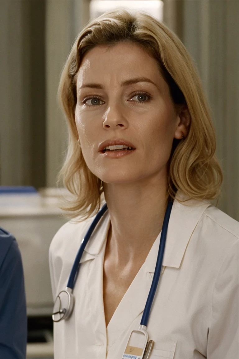 a nurse in a scrub at the hospital, blond, worried expression, detailed face, soft lighting, (high detailed skin:1.1)
<lora:elizabeth_banks_lora_v01:1> lizbanks
