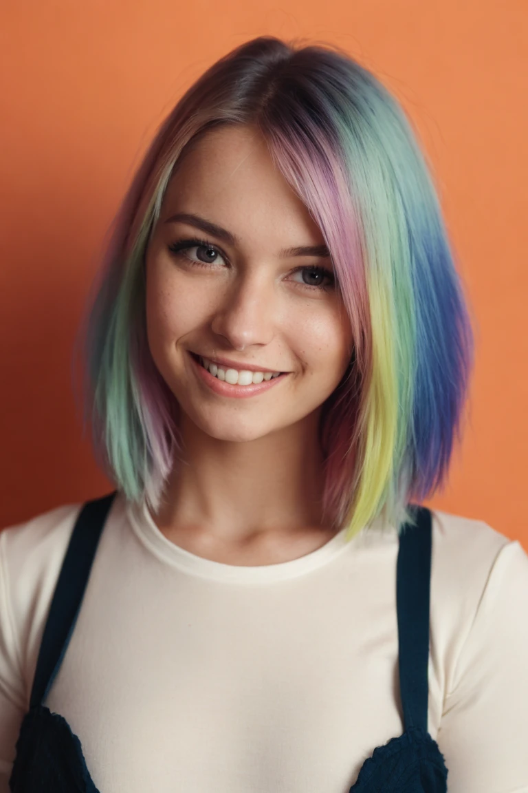 Film still, cinematic, flash photography, 2005 cute emo woman, smiling, scene girl, pastel hair, vibrant yellow background, sharp focus, detailed skin texture, detailed eyes,
