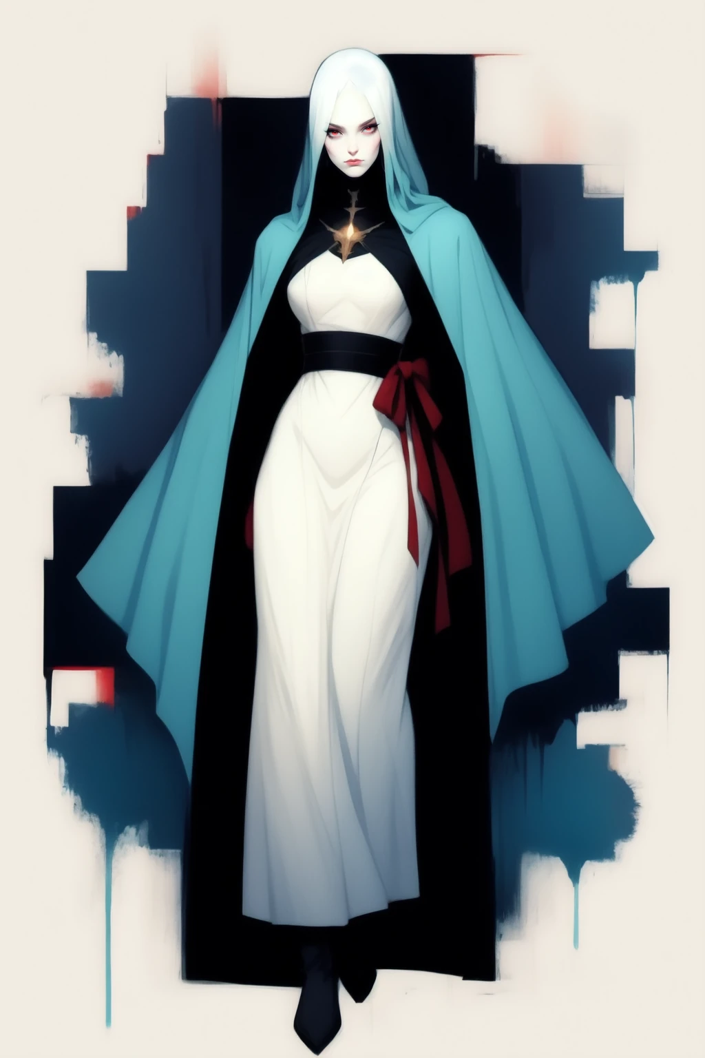 full body image of a chibi:1.5 woman with a white hair and a red eye, concept art of a dark forest, scp-049, blue cloak, an exhausted deity, inspired by Christopher Balaskas, looming over you, leblanc, faceless, loosely cropped, chiffon, thin strokes, fractured, speedpainting