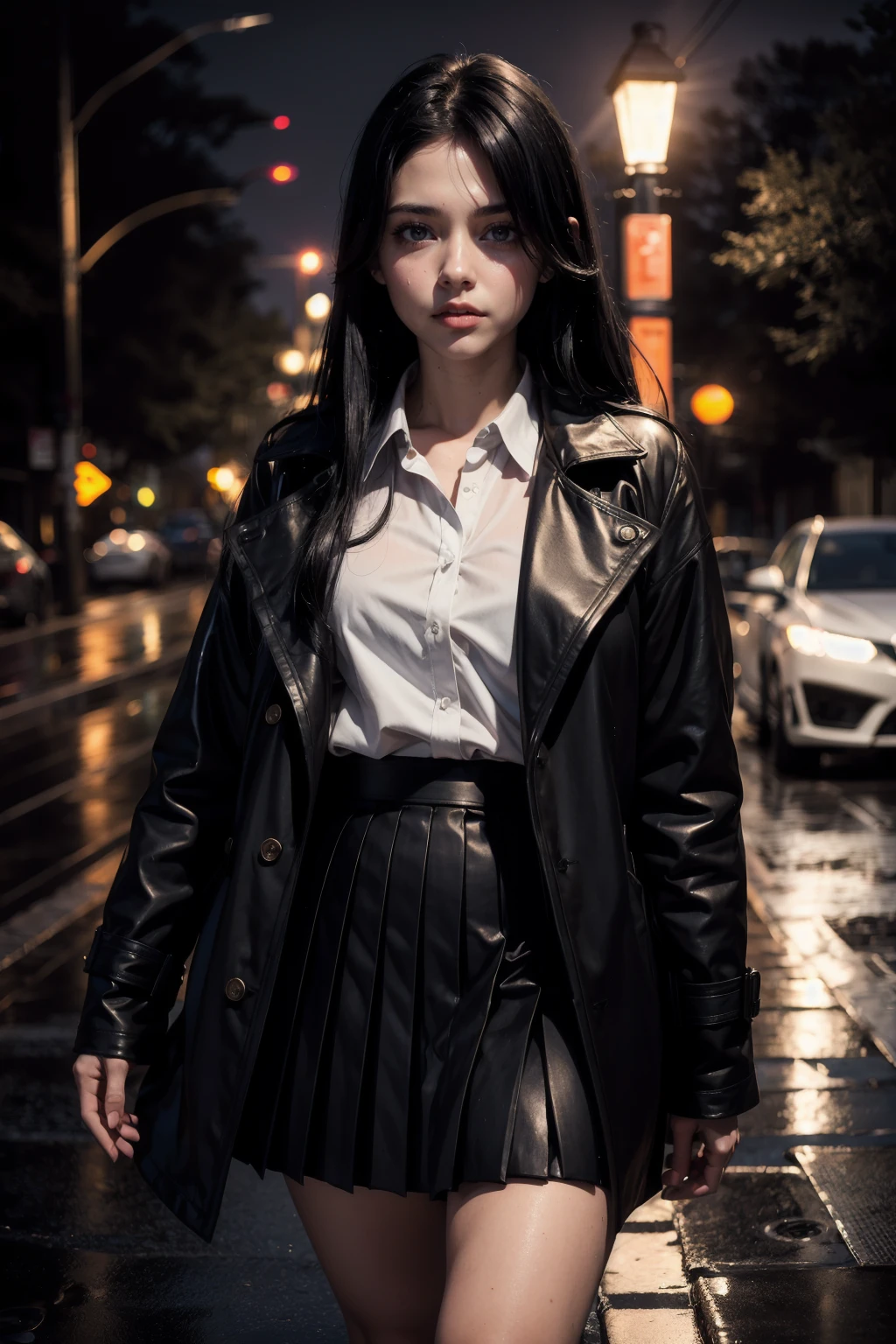 NSFW, 8k,highres, 1girl, outdoors, street light, front light,night, raining, wet, coat, pleated skirt , shirt, black hair, long hair,