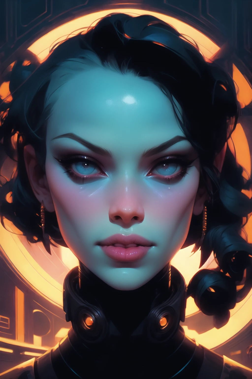 detailed portrait of a young woman, art deco, detailed eyes, beautiful eyes, lips straight down, wide angle, sharp focus, by victo ngai, kilian eng vibrant colours, dynamic lighting, digital art, winning award masterpiece, fantastically beautiful, illustration, aesthetically inspired by beksinski and dan mumford, trending on artstation, art by greg rutkowski, 8k