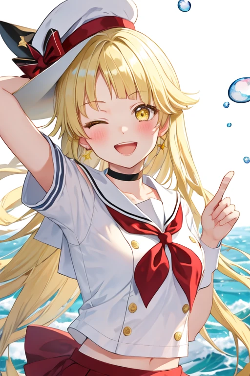 best quality, masterpiece, highres, solo, {tsurumaki_kokoro_bangdream:1.15}, blonde_hair, bangs, long_hair, yellow_eyes, smile, blush, open_mouth, :d, 1girl, ;d, hat, looking_at_viewer, neckerchief, one_eye_closed, red_neckerchief, sailor_collar, sailor_hat, shirt, water_drop, white_background, white_headwear, choker, short_sleeves, index_finger_raised, jewelry, star_\(symbol\), upper_body, white_shirt